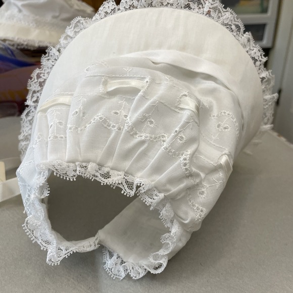 NWT White Baby Bonnet Strap Eyelets Lace 15 - Picture 2 of 5